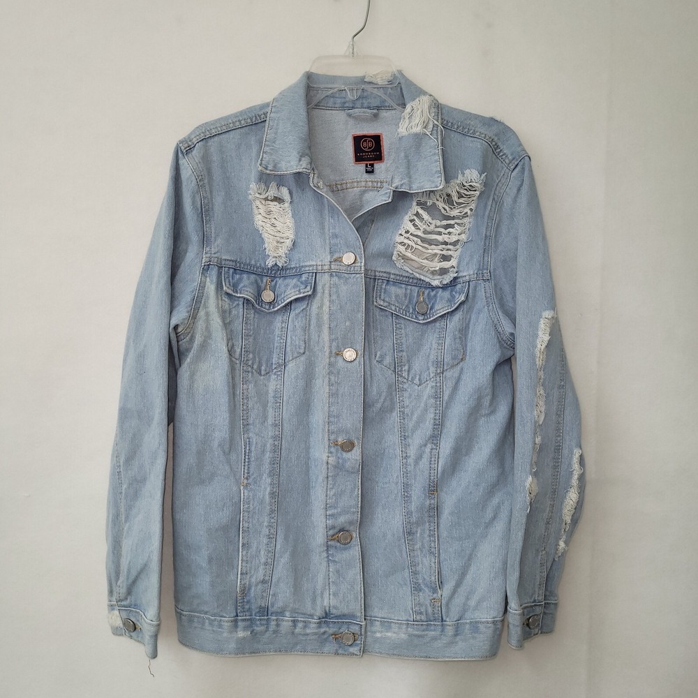 Boom Boom Jeans Denim Jacket Women Large Light Wash Distressed Shredded JK17922Z